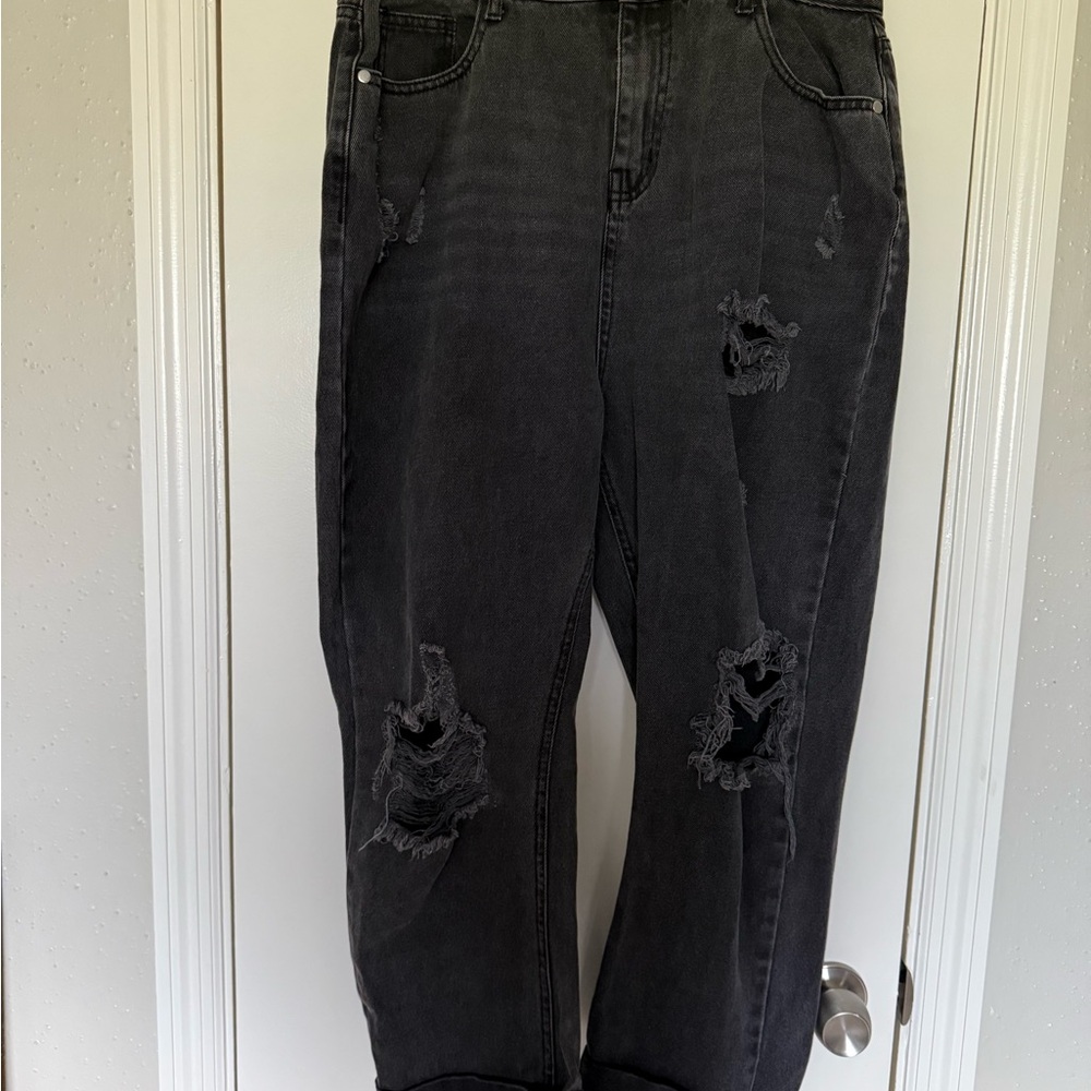 Boohoo High Rise Distressed Charcoal Jeans